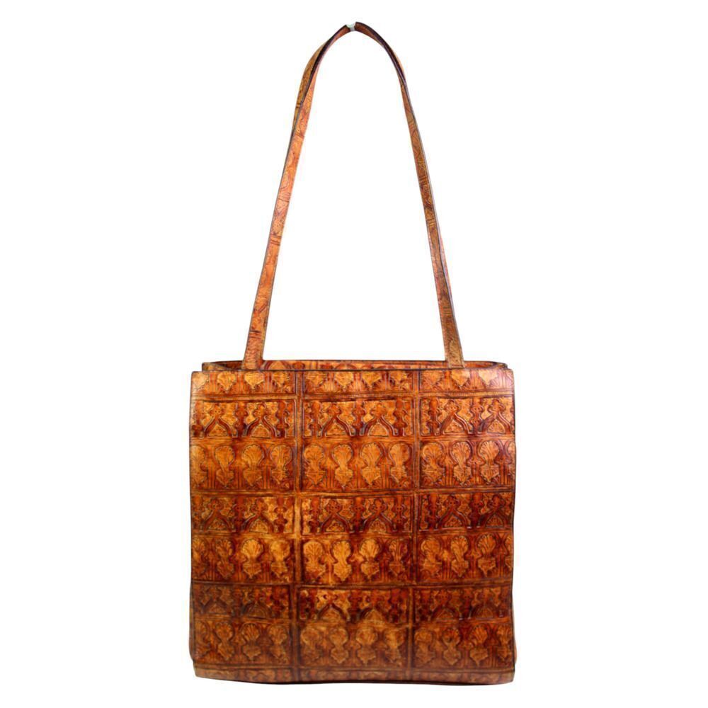 Classiques Entier TOOLED TAN BROWN REAL LEATHER TOTE SHOULDER BAG HANDBAG PURSE